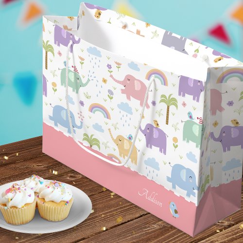 Pink Pastel Elephant Pattern for Little Girl Party Large Gift Bag