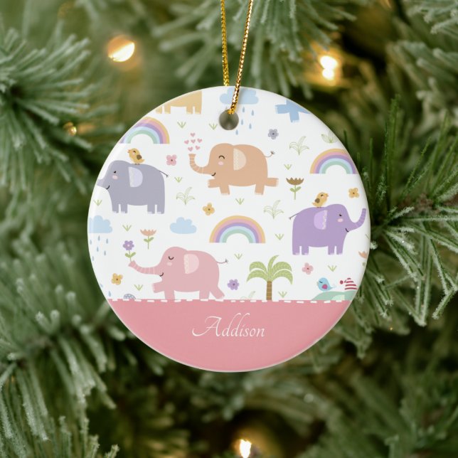 Pink Pastel Elephant Pattern Little Girl Christmas Ceramic Ornament (Tree)