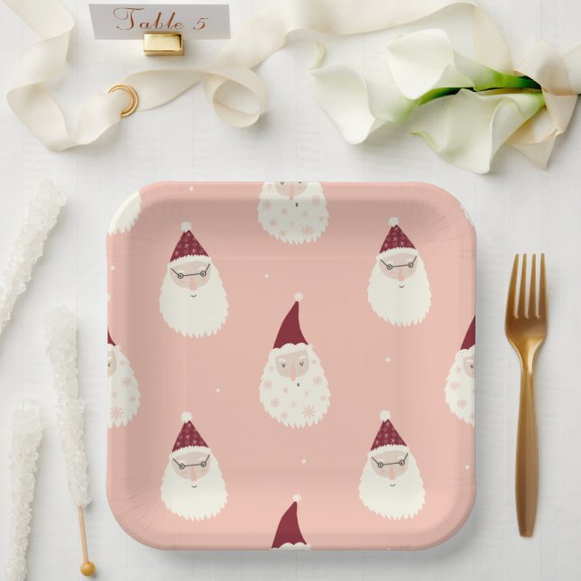 Pink pastel festive red christmas hats santa cute paper plates (Wedding)