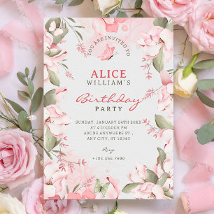 Pink pastel floral birthday invitation