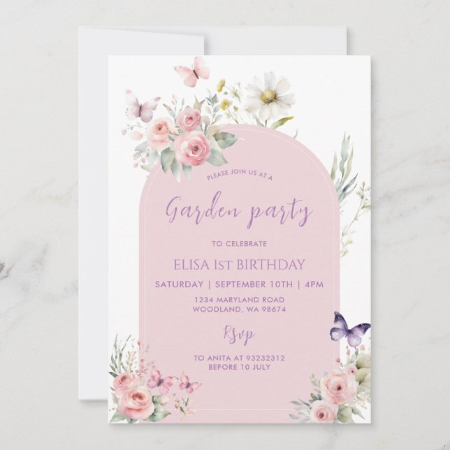 Pink Pastel Floral Butterfly Garden Party  Invitation (Front)