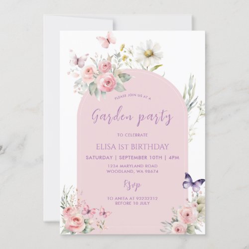 Pink Pastel Floral Butterfly Garden Party  Invitation