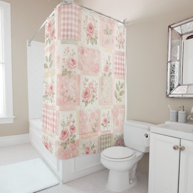 Pink Pastel Floral & Gingham Quilt Patchwork Shower Curtain (In Situ)