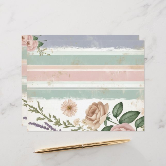 Pink Pastel Floral Striped Scrapbook Paper Crafts (Front/Back In Situ)