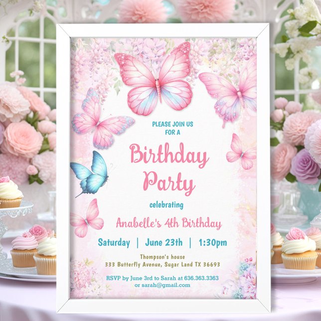 Pink Pastel Floral Summer Butterfly Girl Birthday Invitation (Pink Pastel Floral Summer Butterfly Girl Birthday Invitation)