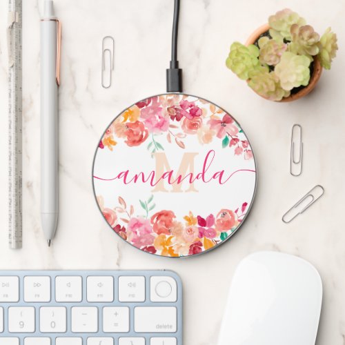 Pink pastel floral watercolor monogram wreath wireless charger 