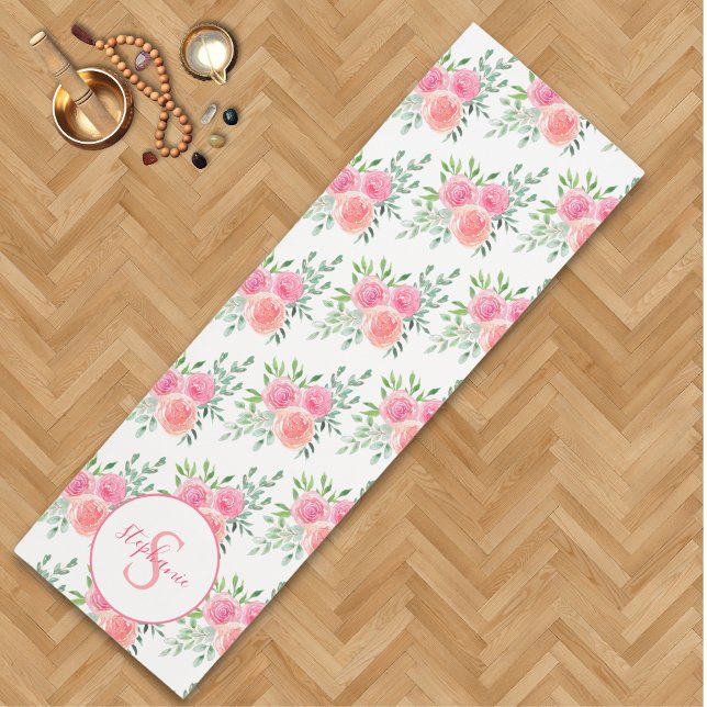 Pink Pastel Floral Watercolor Name Monogram Yoga Mat (Creator Uploaded)