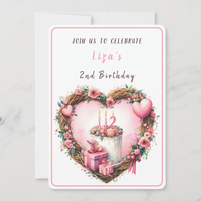 Pink Pastel Floral Wreath Second Birthday - Invitation (Front)