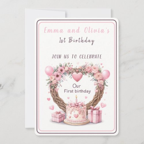 Pink Pastel Floral Wreath Twins First Birthday _ Invitation