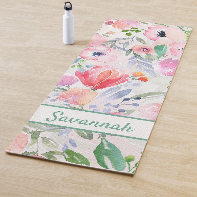Pink pastel florals rose gold white monogram yoga mat (In Situ)