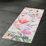 Pink pastel florals watercolored name yoga mat<br><div class="desc">An elegant timeless summer and garden theme in a romantic bohemian,  boho style  with soft pastels and watercolored flowers in pink and peach and green leaves.  A light white background.  Template for a name. The name is written in purple with a modern hand lettered style script.</div>