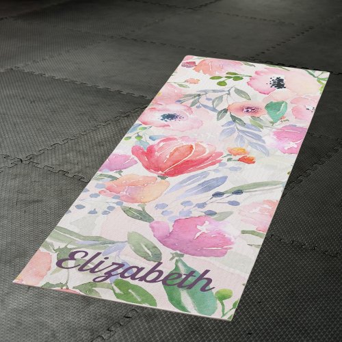 Pink pastel florals watercolored name yoga mat