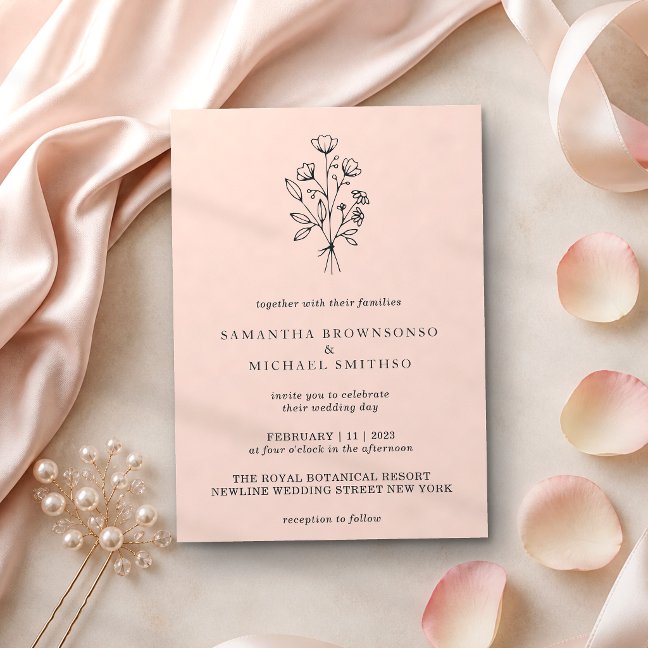 Pink Pastel Flower Bouquet Boho Minimal Botanicals Invitation