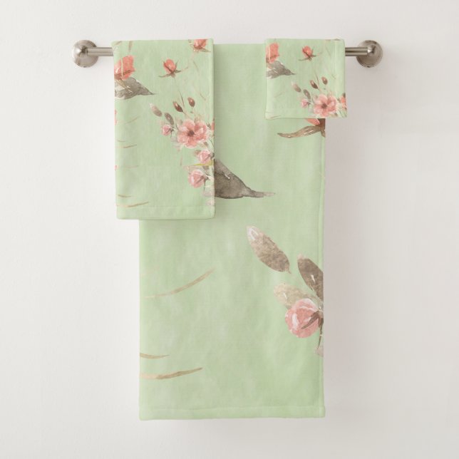 Pink Pastel Flowers On Soft Sage Green Background  Bath Towel Set (Insitu)