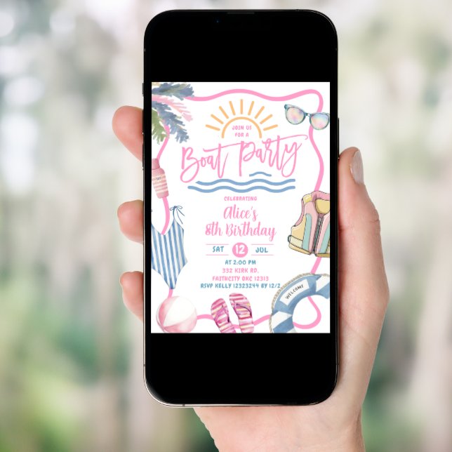 Pink pastel girl boat party birthday invitation (Front Digital)