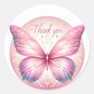 Pink Pastel Glitter Butterfly - Thank you - Classic Round Sticker
