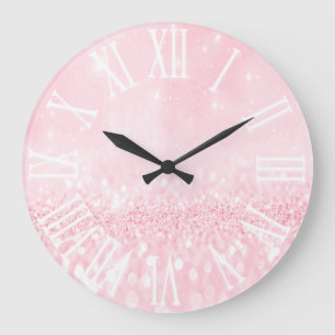 Pink Pastel Glitter effect White Spark Princess Gl Large Clock