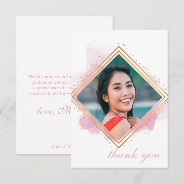 Pink Pastel & Gold Diamond Graduation Thank You In Invitation (Front/Back)