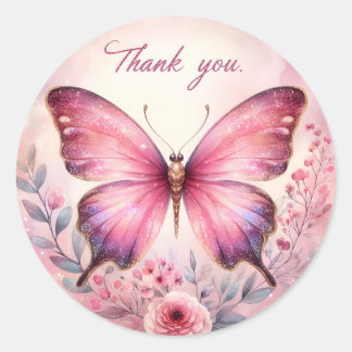Pink Pastel Gold Glitter Butterfly - Thank you - Classic Round Sticker