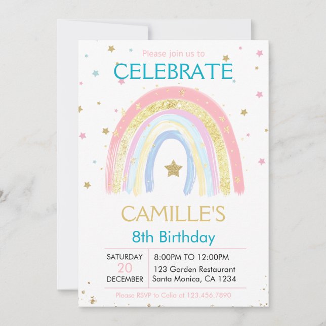 Pink Pastel Gold Rainbow birthday Invitation (Front)