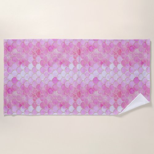 Pink Pastel  Gold Shimmer Mermaid Scale Pattern Beach Towel