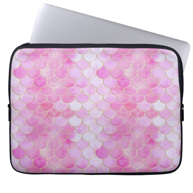 Pink Pastel & Gold Shimmer Mermaid Scale Pattern Laptop Sleeve (Front)