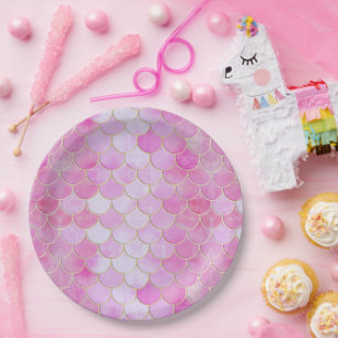 Pink Pastel & Gold Shimmer Mermaid Scale Pattern Paper Plates