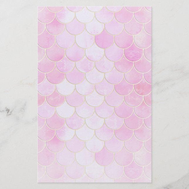 Pink Pastel & Gold Shimmer Mermaid Scale Pattern Stationery (Front)