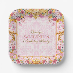 Pink Pastel Gold Sweet 16 Baroque Rococo Birthday Paper Plates