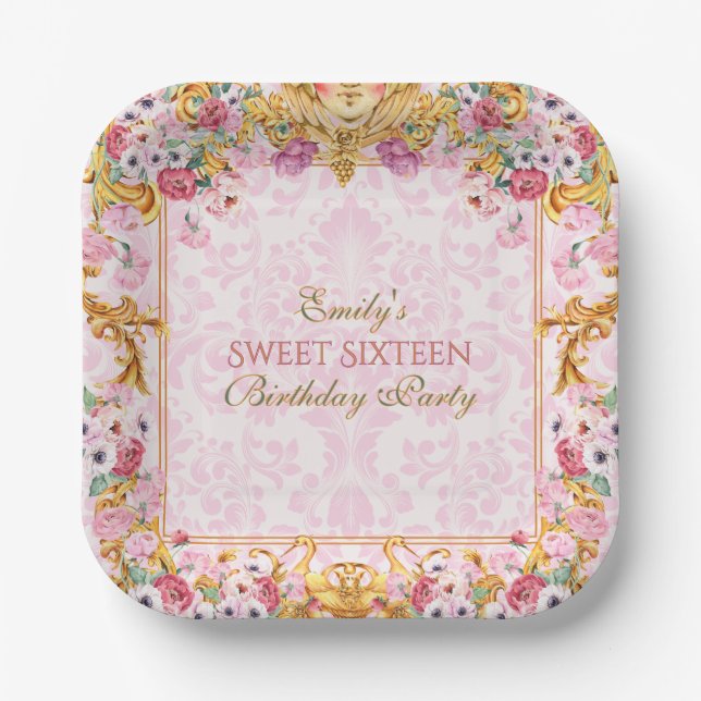 Pink Pastel Gold Sweet 16 Baroque Rococo Birthday Paper Plates (Front)