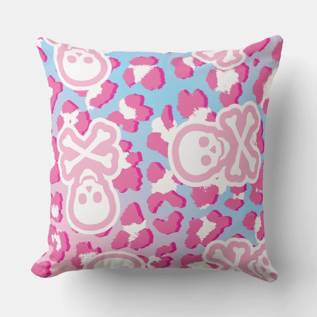 Pink Pastel Goth Pirate Jolly Roger Leopard Print  Throw Pillow (Front)