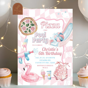 Pink Pastel Groovy Pizza and Pool Summer Birthday Invitation