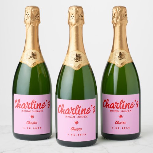 Pink Pastel Handwriting Retro Bridal Shower  Sparkling Wine Label