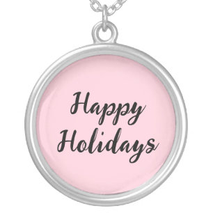 Pink pastel happy holidays Christmas simple stylis Silver Plated Necklace