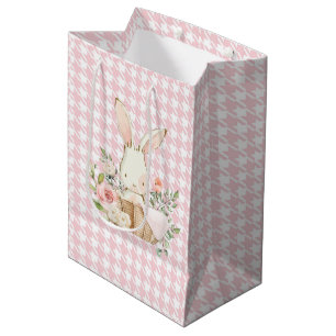 Pink Pastel Houndstooth Bunny Rabbit Medium Gift Bag