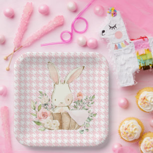 Pink Pastel Houndstooth Bunny Rabbit Paper Plates