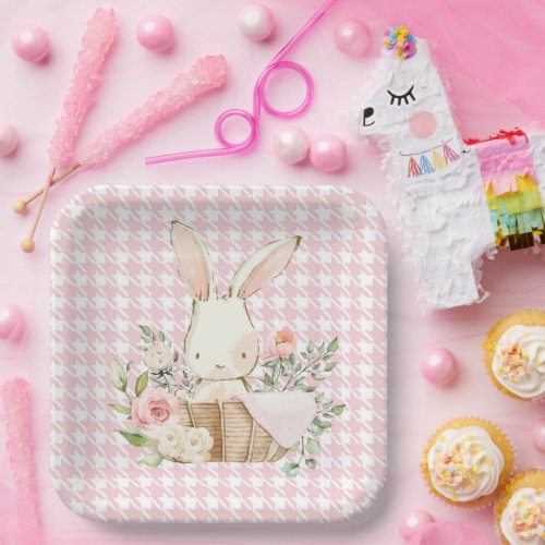 Pink Pastel Houndstooth  Bunny Rabbit Paper Plates