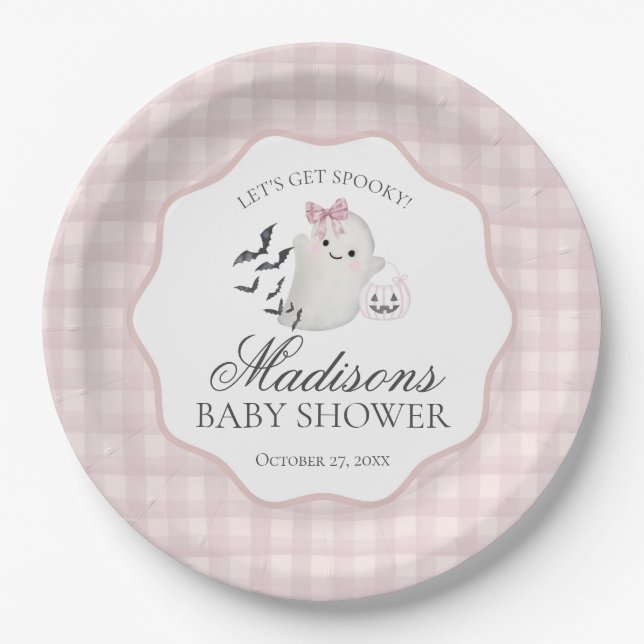 Pink Pastel Little Boo Ghost Baby Shower Dessert Paper Plates (Front)