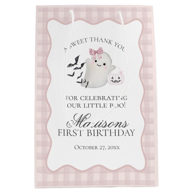 Pink Pastel Little Boo Ghost Birthday Party Favors Medium Gift Bag (Front)