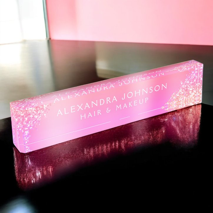 Pink Pastel Ombre Glitter Sparkle Hair Makeup Desk Name Plate