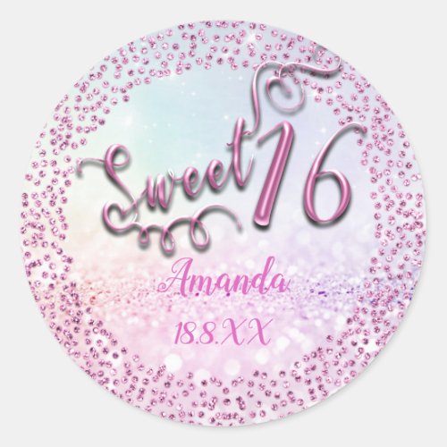 Pink Pastel Ombre Sweet 16th  Round Glitter Sparky Classic Round Sticker