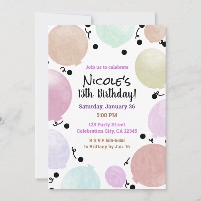 Pink Pastel Party Balloons Birthday Celebration Invitation (Front)