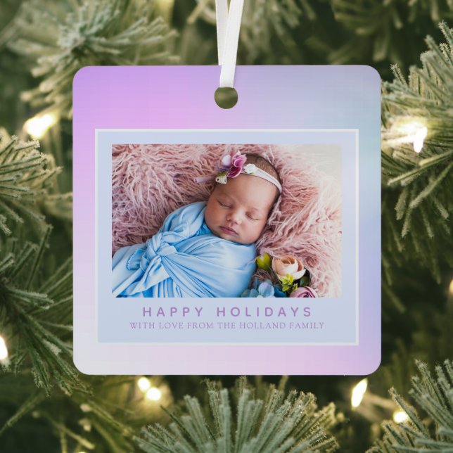 Pink Pastel Photo Happy Holiday Metal Ornament (Insitu)