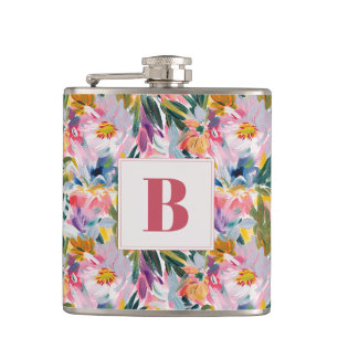 Pink Pastel Pink Abstract Floral Wedding Monogram Flask