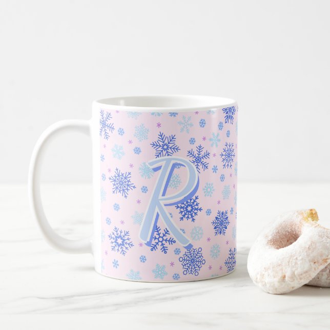 Pink Pastel Pink Snowflakes Elegant Chic Monogram Coffee Mug (With Donut)