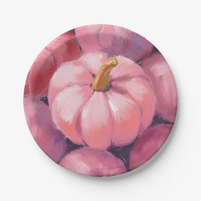 Pink Pastel Pumpkins Halloween Paper Plates (Front)