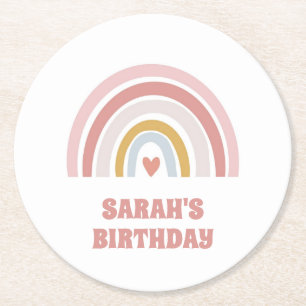 pink pastel rainbow custom birthday round paper coaster