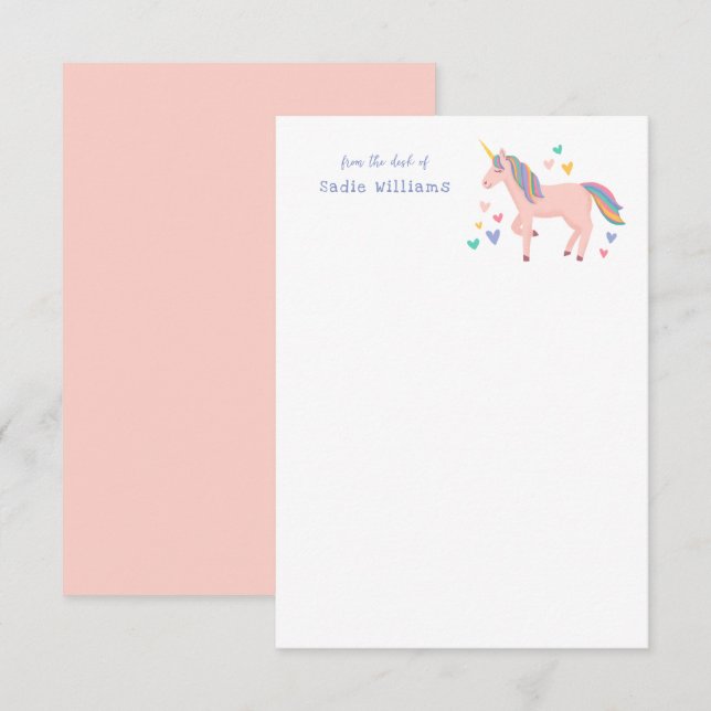 Pink Pastel Rainbow Unicorn Kids Personal Note Thank You Card (Front/Back)