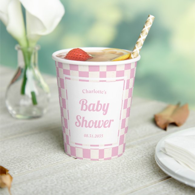 Pink Pastel Retro Check Pattern Girl Baby Shower Paper Cups (Insitu)