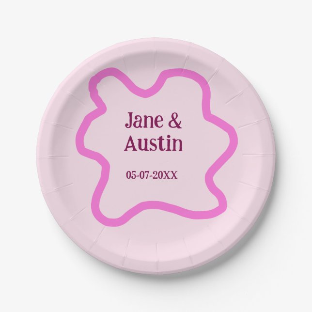 Pink pastel retro wedding border frame name date paper plates (Front)